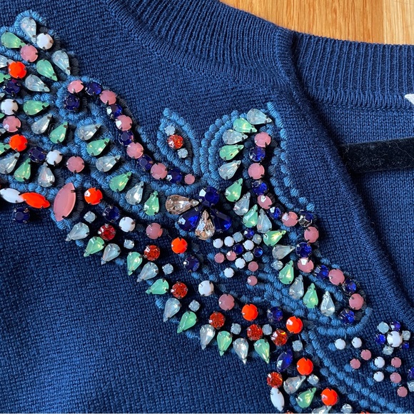 Anthropologie Moth Brand Embellished Jewelled Sweater Navy Blue - Picture 4 of 8